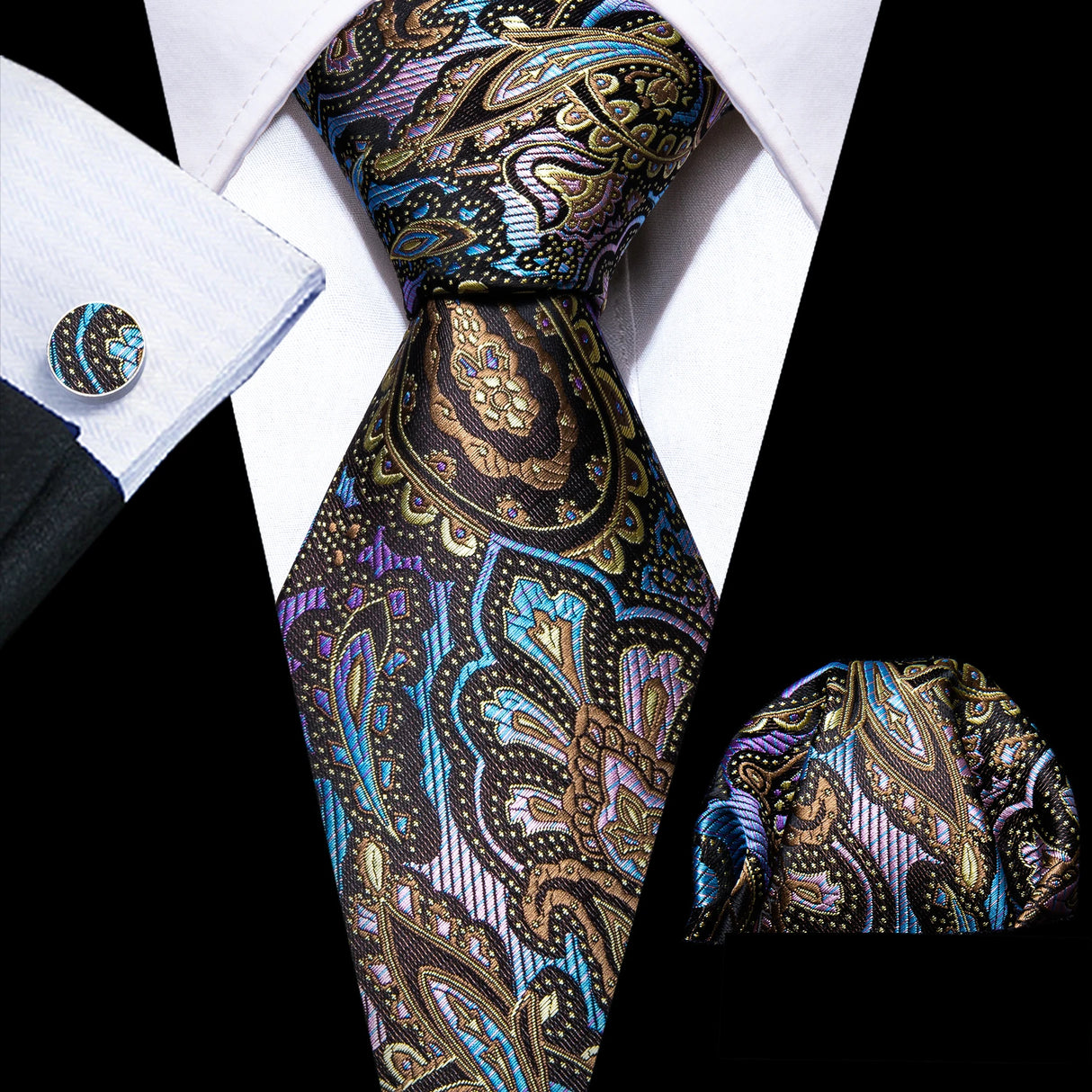 blue brown flower pattern necktie set
