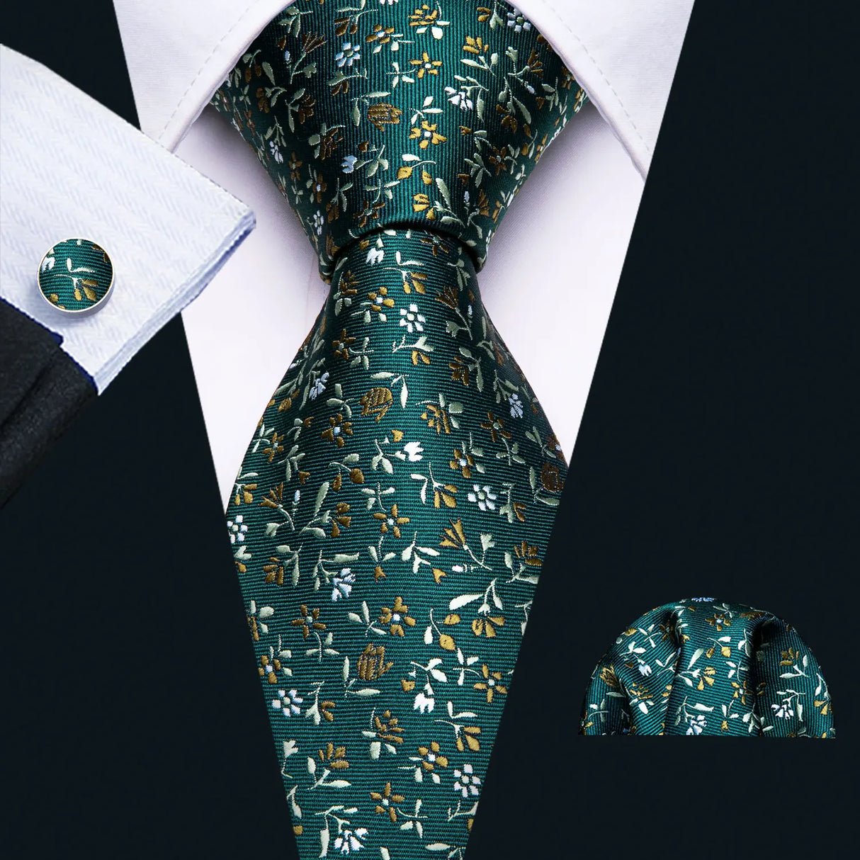 gold white dark green flower pattern necktie set