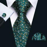 gold white dark green flower pattern necktie set