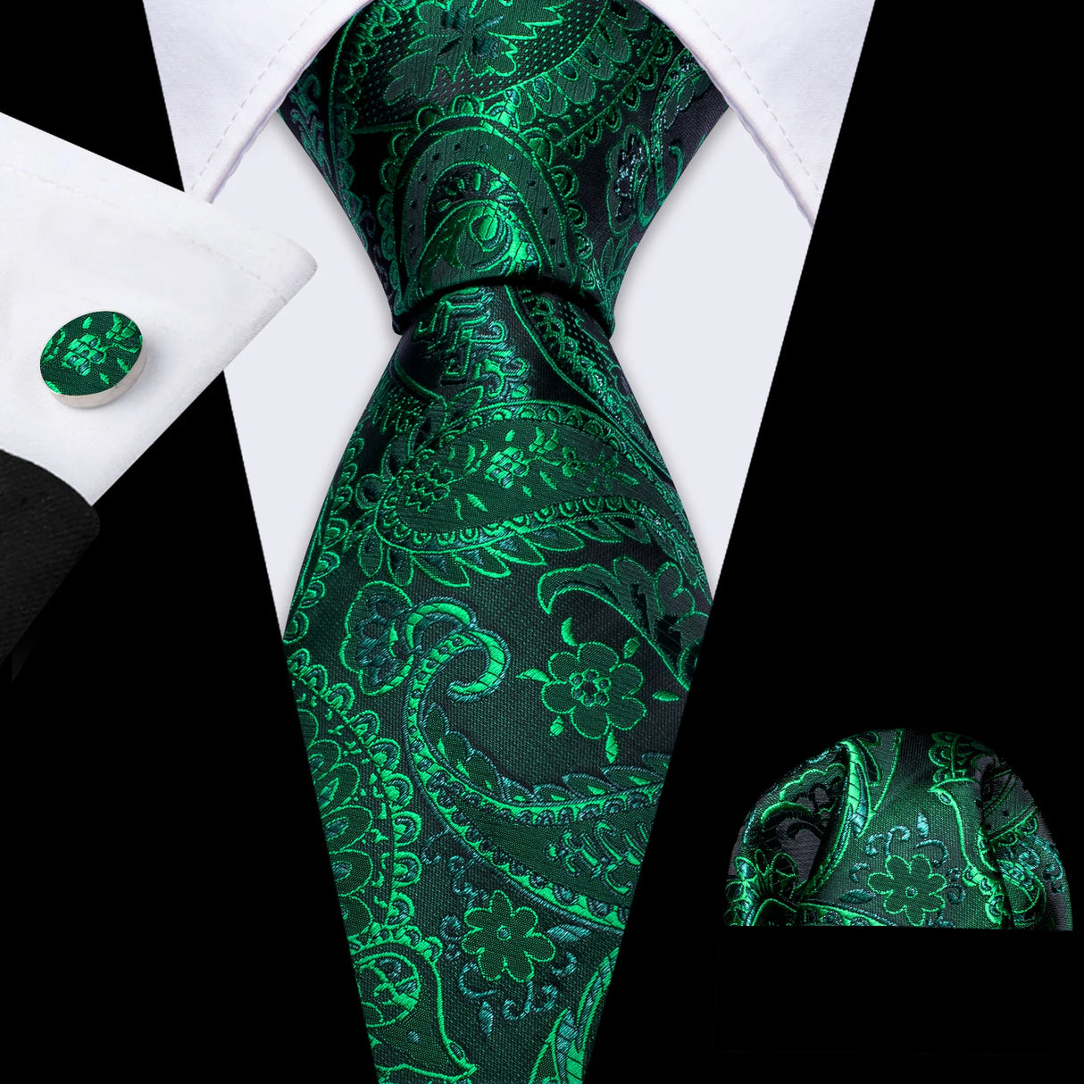 dark green flower pattern necktie set