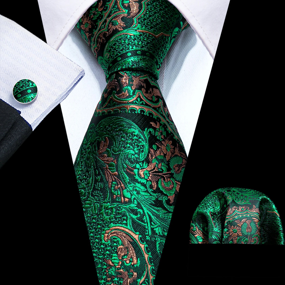 brown green flower pattern necktie set