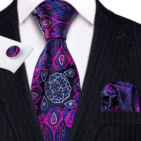 Solid Paisley Striped Silk Men Tie Set Purple Tie