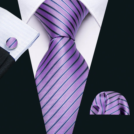 Solid Paisley Striped Silk Men Tie Set Purple Tie