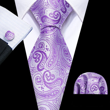 Solid Paisley Striped Silk Men Tie Set Purple Tie