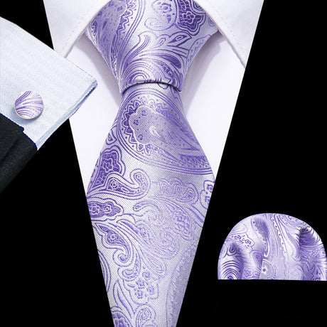 Solid Paisley Striped Silk Men Tie Set Purple Tie