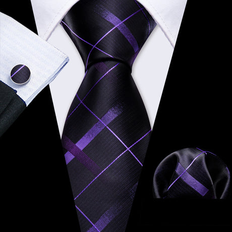 Solid Paisley Striped Silk Men Tie Set Purple Tie