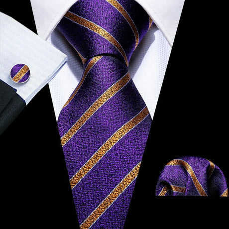 Solid Paisley Striped Silk Men Tie Set Purple Tie