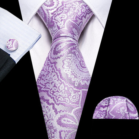 Solid Paisley Striped Silk Men Tie Set Purple Tie