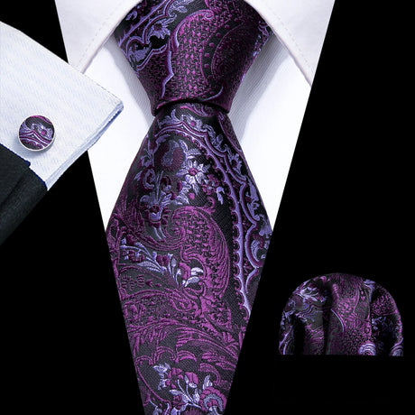 Solid Paisley Striped Silk Men Tie Set Purple Tie