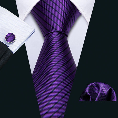 Solid Paisley Striped Silk Men Tie Set Purple Tie