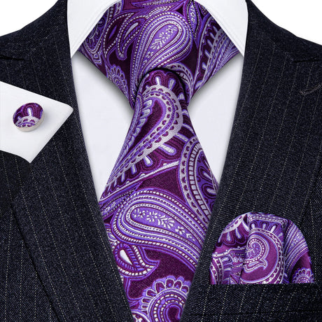 Solid Paisley Striped Silk Men Tie Set Purple Tie