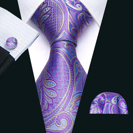 Solid Paisley Striped Silk Men Tie Set Purple Tie