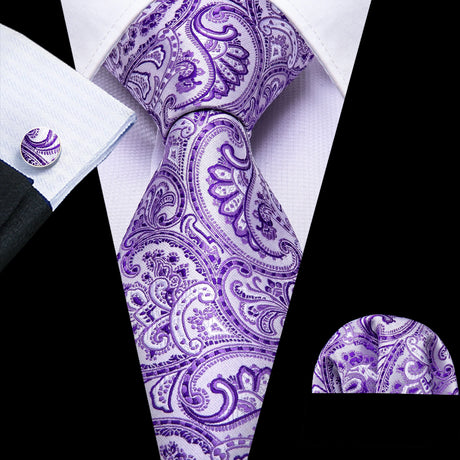 Solid Paisley Striped Silk Men Tie Set Purple Tie