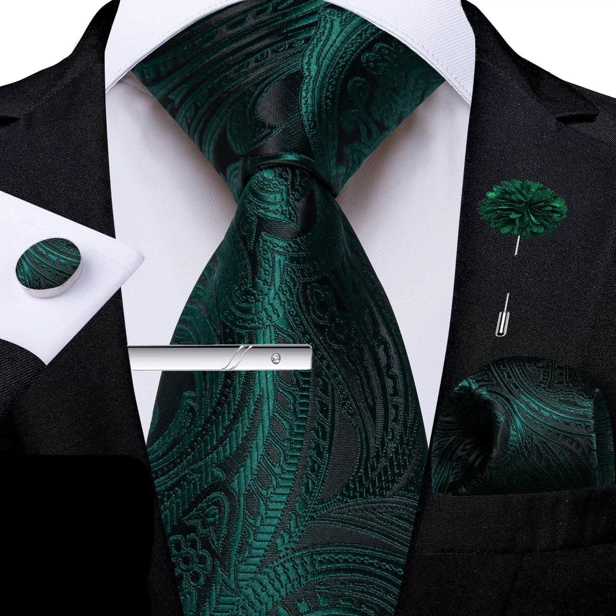 Green Solid Silk Green Pocket Square Cufflink Ties