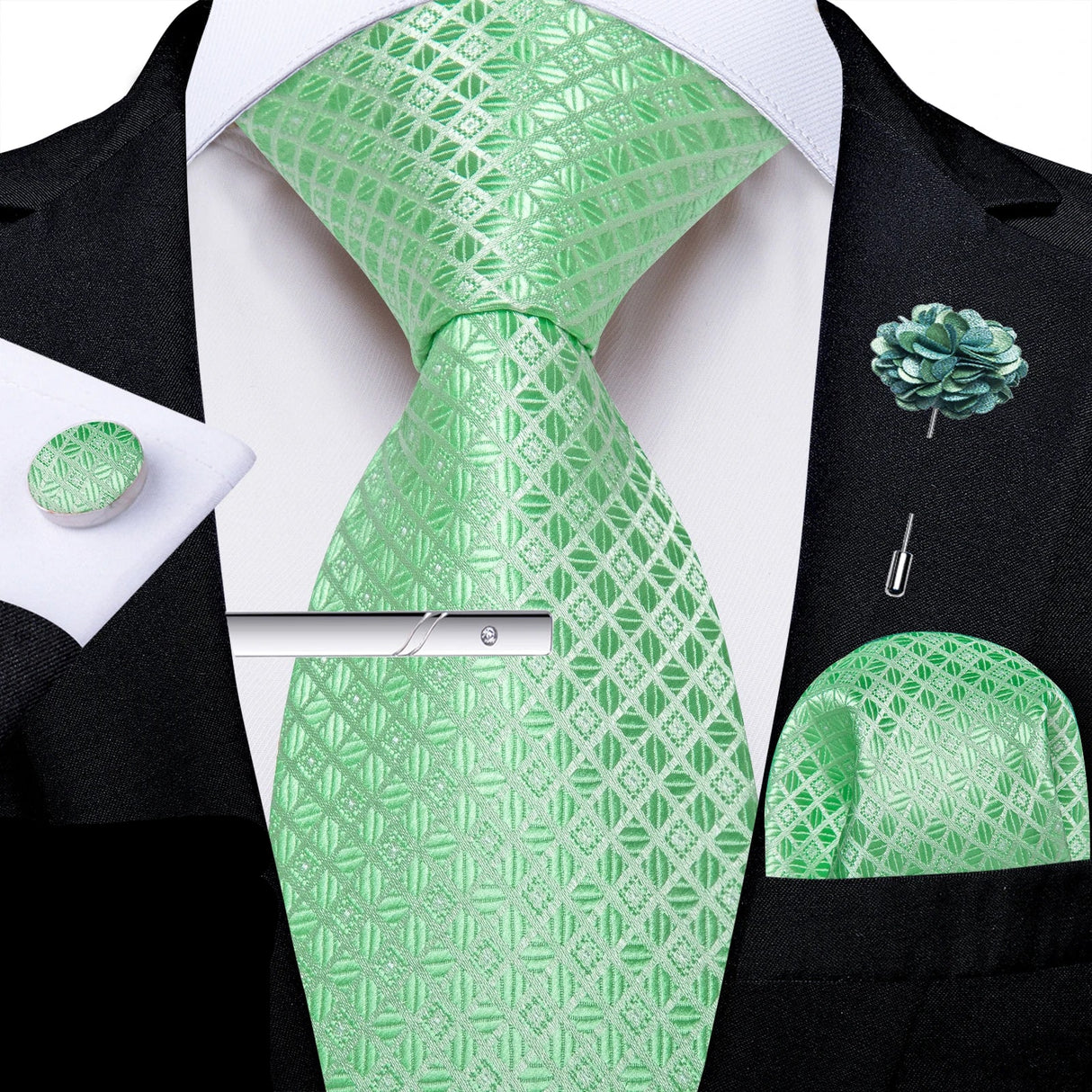 Green Solid Silk Green Pocket Square Cufflink Ties