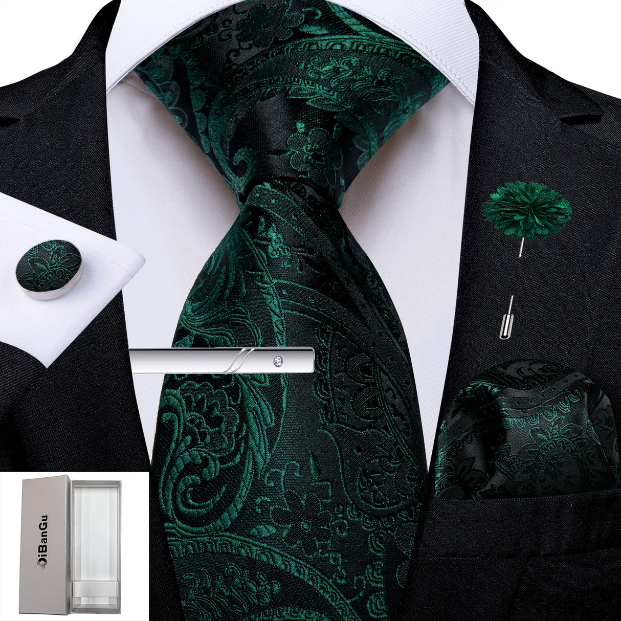 Solid Silk Green Pocket Square Cufflink Ties