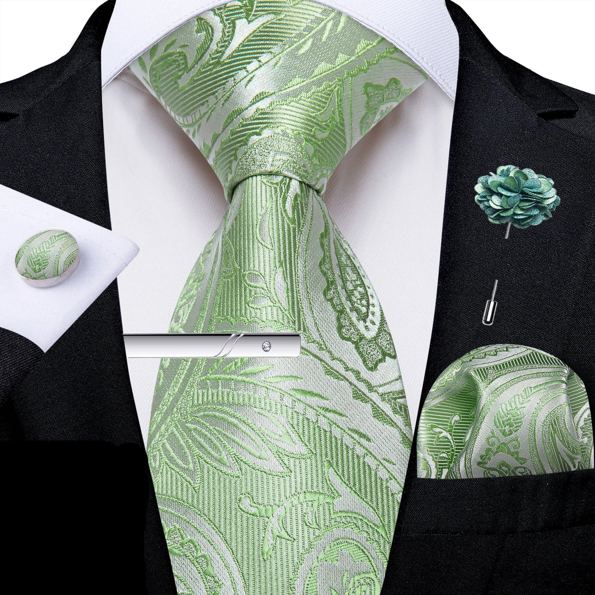 Solid Silk Green Pocket Square Cufflink Ties