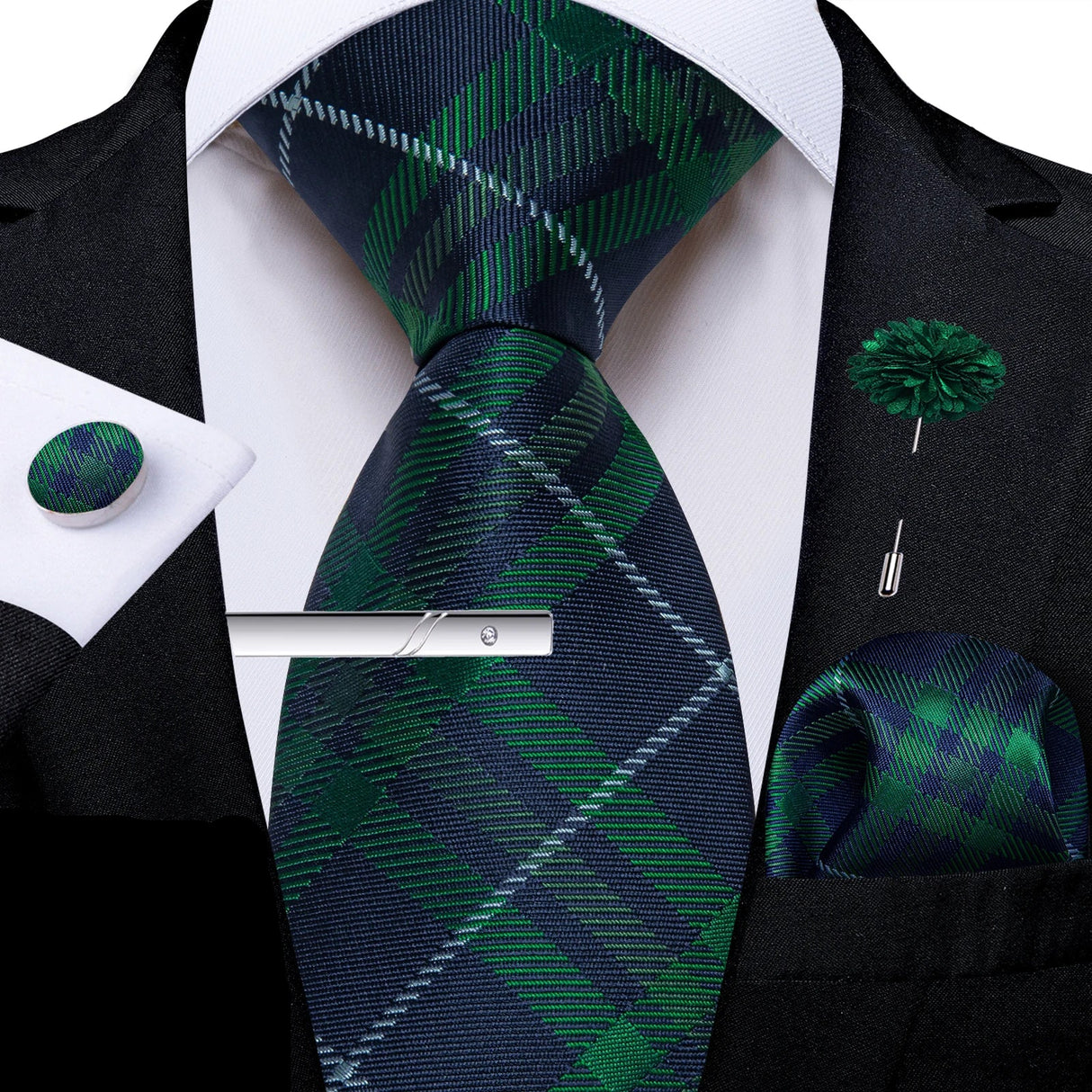 Solid Silk Green Pocket Square Cufflink Ties