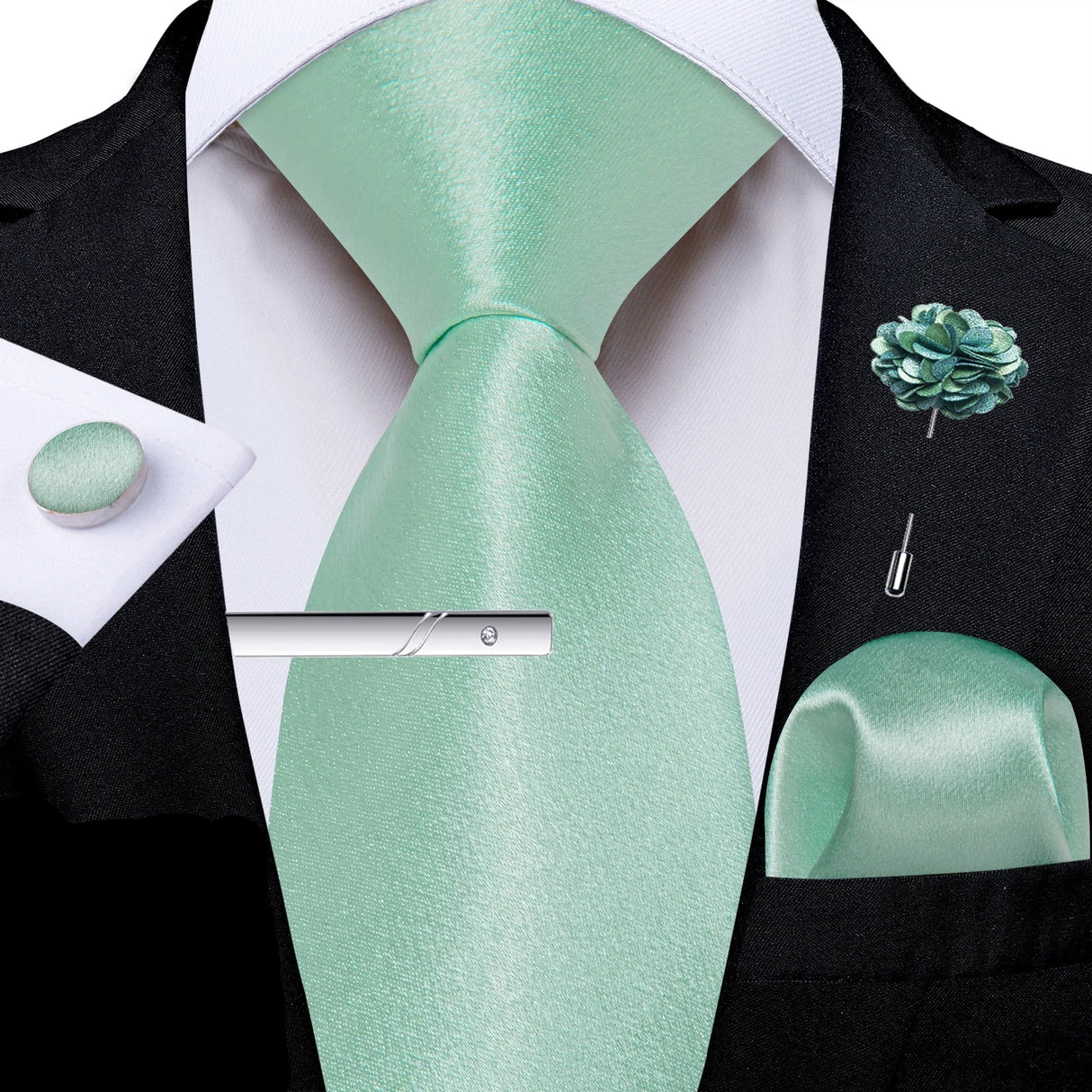 Solid Silk Green Pocket Square Cufflink Ties