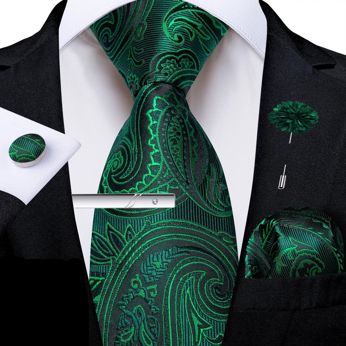 Solid Silk Green Pocket Square Cufflink Ties
