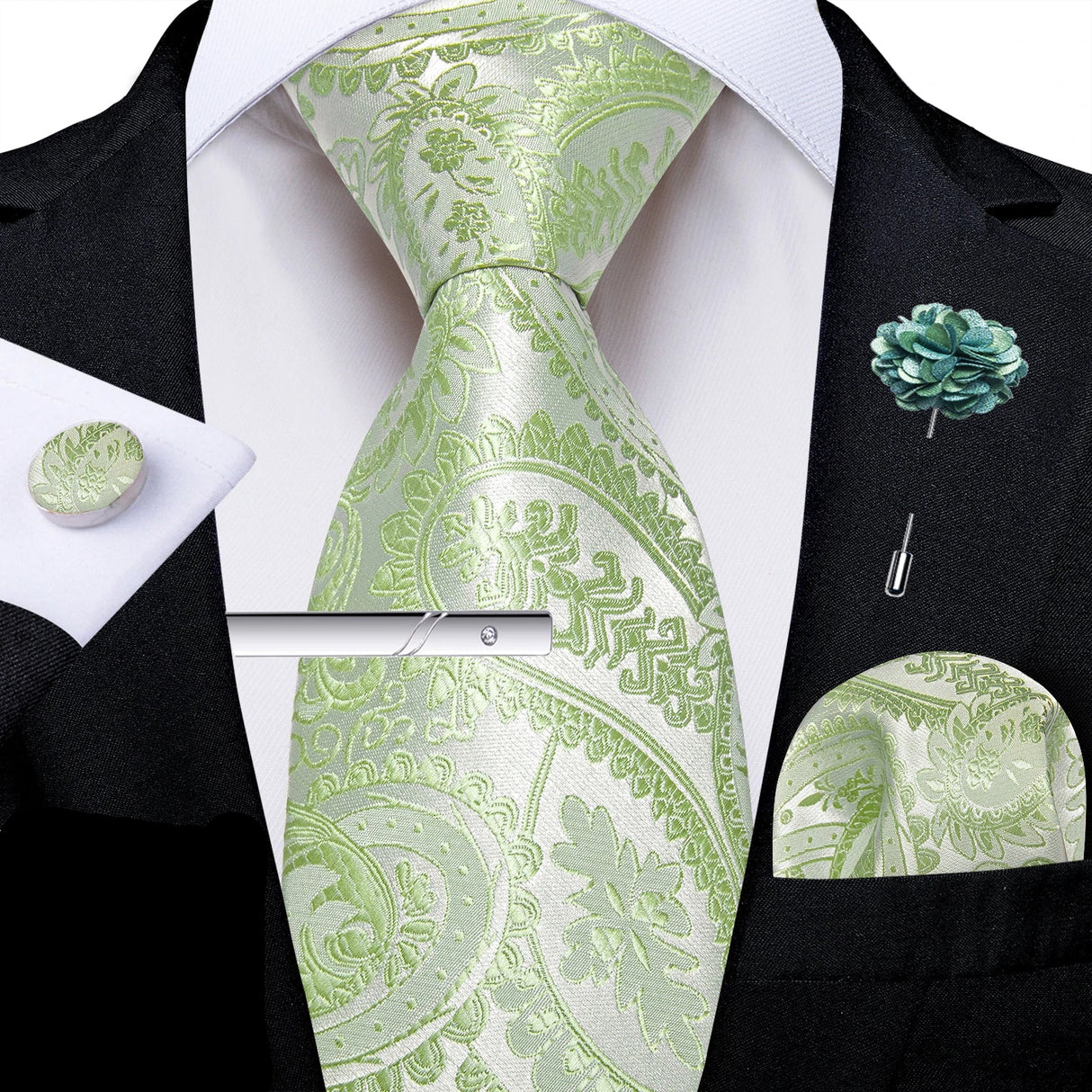 Solid Silk Green Pocket Square Cufflink Ties