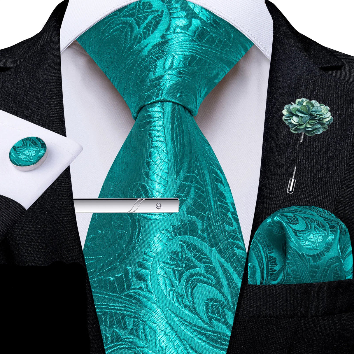 Solid Silk Green Pocket Square Cufflink Ties