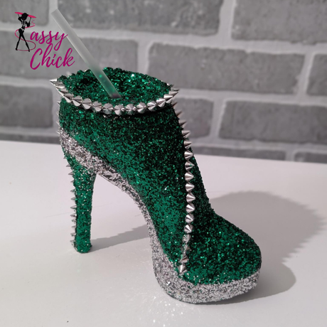 Sparkling Green & Silver Glitter Stiletto Heel Tumbler Cup Sassy Chick Logo