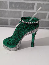 Sparkling Green & Silver Glitter Stiletto Heel Tumbler Cup
