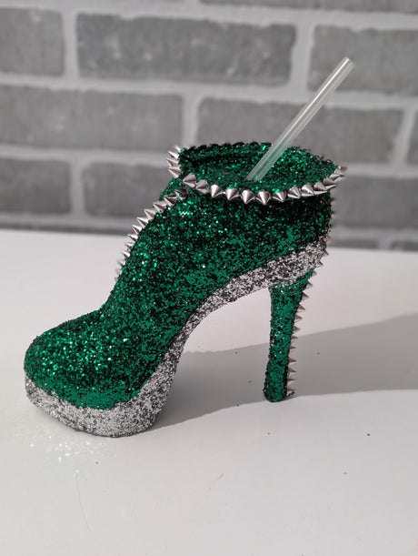 Sparkling Green & Silver Glitter Stiletto Heel Tumbler Cup
