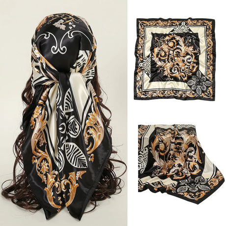 Black Gold Square  90*90cm Silk Satin Scarf Scarves Shawl Hijab