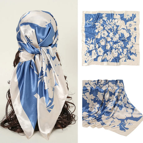 Blue White Square  90*90cm Silk Satin Scarf Scarves Shawl Hijab