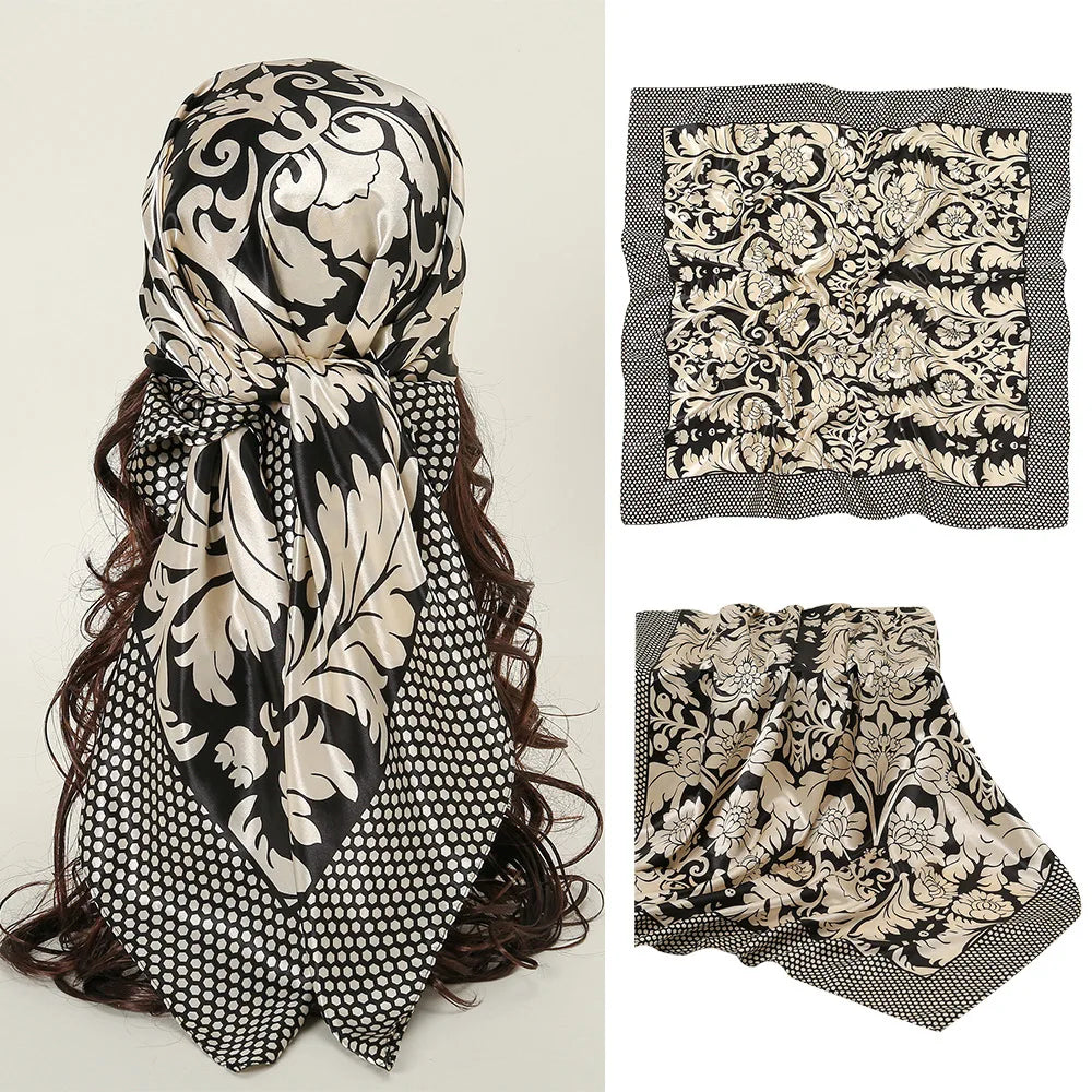 Black White Square  90*90cm Silk Satin Scarf Scarves Shawl Hijab