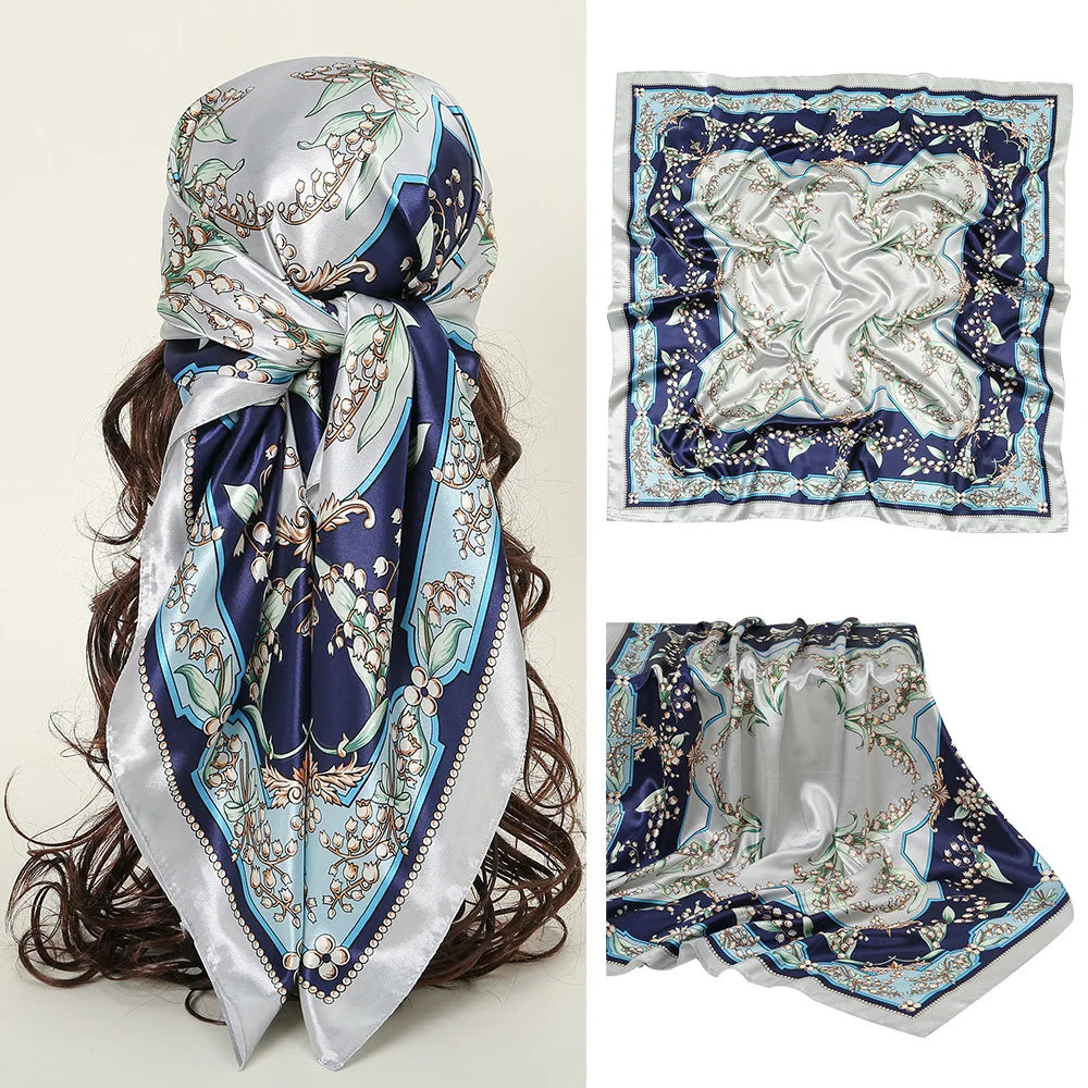 Blue Square 90*90cm Silk Scarves Satin Shawl Scarf