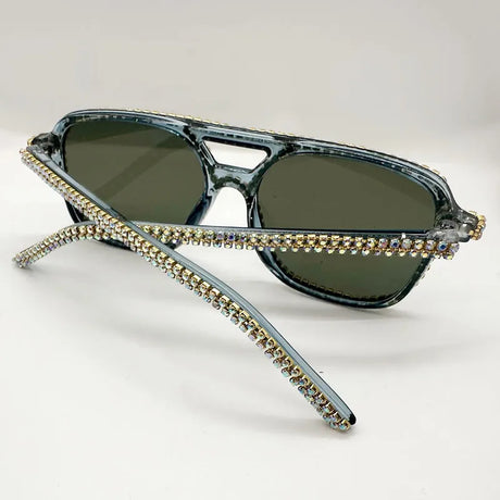 Green Square Double Bridges Diamond Candy Color Rhinestone Sunglasses