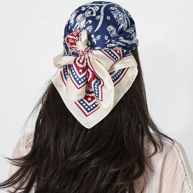 Blue White Square Silk Feeling Scarf 70X70cmPrint Bandana Satin Hijab