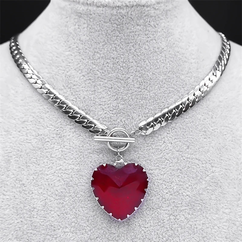 Stainless Steel Heart Necklace Choker Red