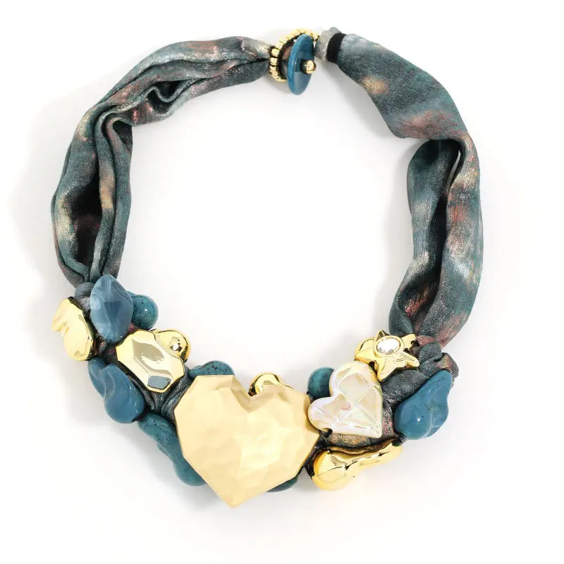Blue Statement Beads Necklace with Heart Pendant Elegant Jewelry