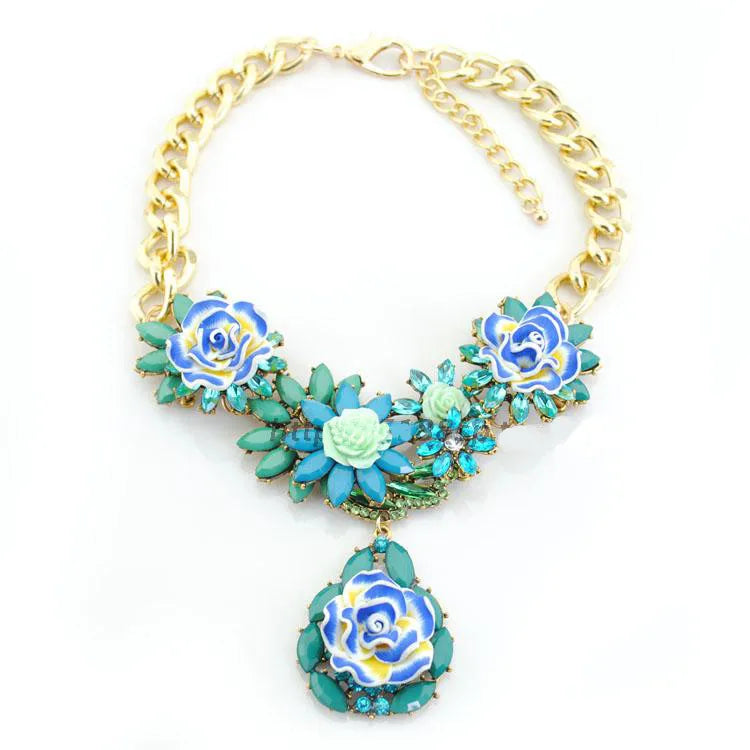 Blue Statement Bronze Resin Gem Rhinestone Crystal Necklace