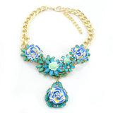 Blue Statement Bronze Resin Gem Rhinestone Crystal Necklace