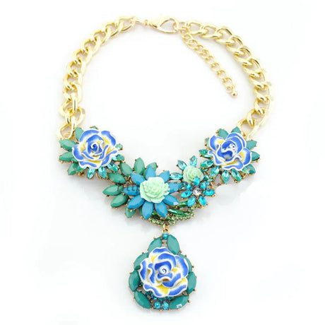 Blue Statement Bronze Resin Gem Rhinestone Crystal Necklace