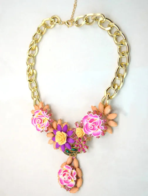 Pink Statement Bronze Resin Gem Rhinestone Crystal Necklace