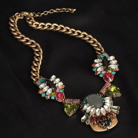 Statement Bronze Resin Gem Rhinestone Crystal Necklace