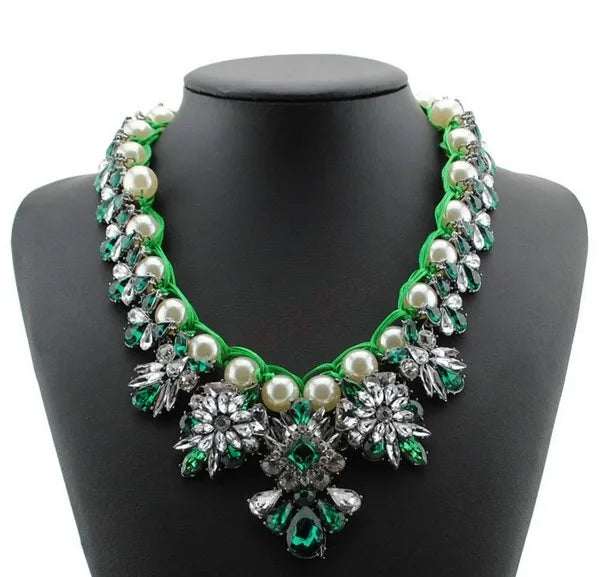 Green Statement Bronze Resin Gem Rhinestone Crystal Necklace