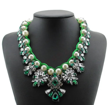 Green Statement Bronze Resin Gem Rhinestone Crystal Necklace