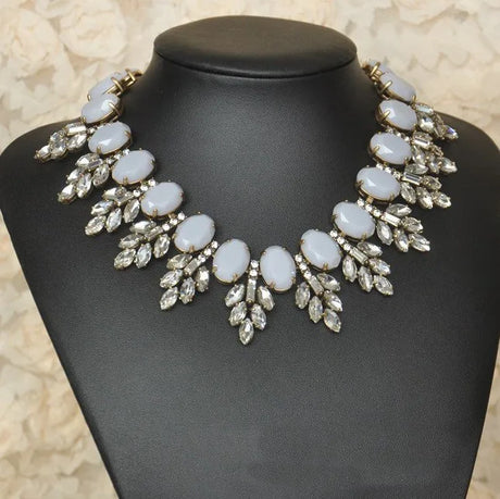 White Statement Bronze Resin Gem Rhinestone Crystal Necklace