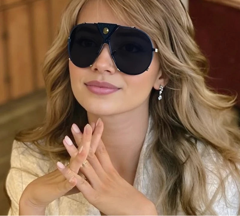 Model Using Steampunk Oval Shield Pilot Sunglasses