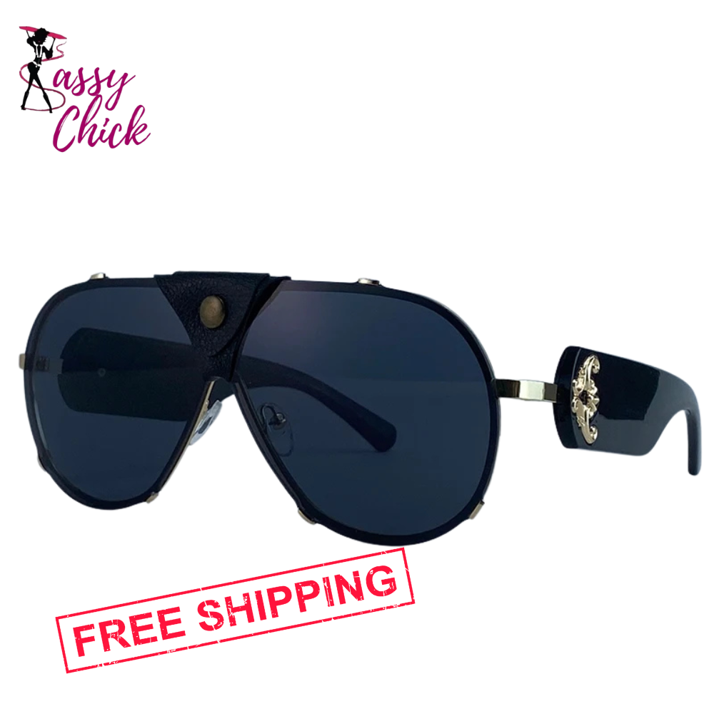 Steampunk Oval Shield Pilot Sunglasses Sassy Chick Logo