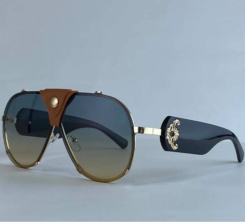 Gradient Blue Lens Steampunk Oval Shield Pilot Sunglasses