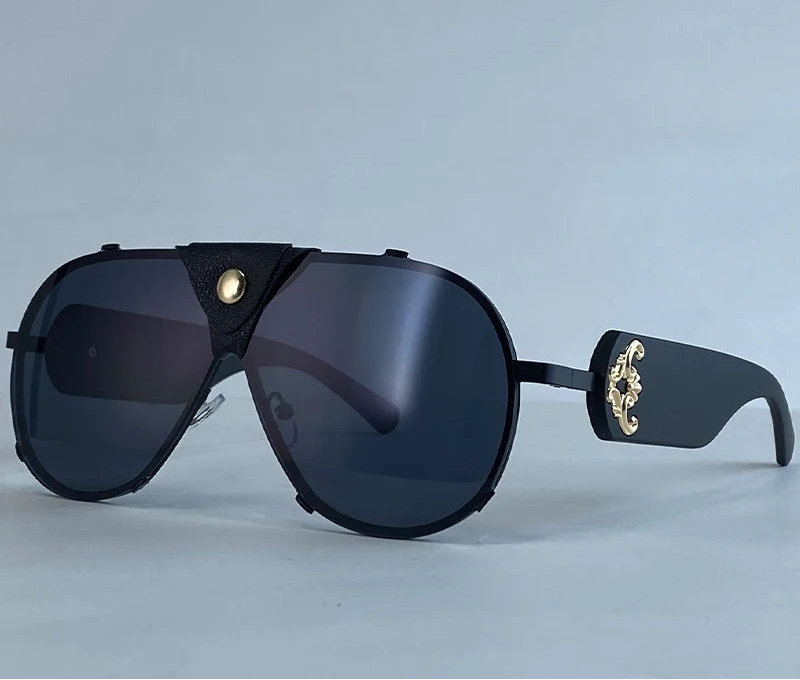 Black Steampunk Oval Shield Pilot Sunglasses