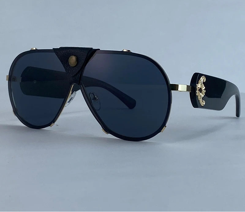 Black Steampunk Oval Shield Pilot Sunglasses